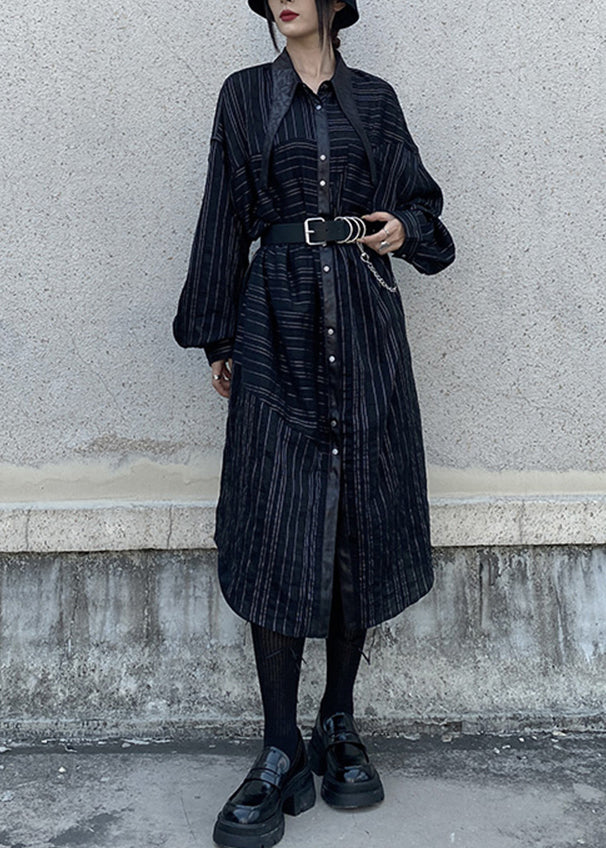 Boutique Black Asymmetrical Striped Cotton Shirts Dress Fall