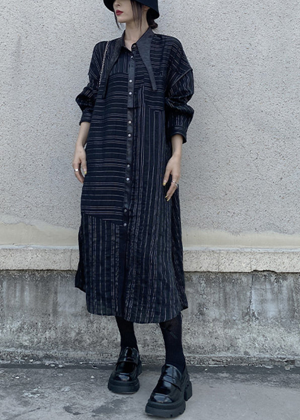 Boutique Black Asymmetrical Striped Cotton Shirts Dress Fall