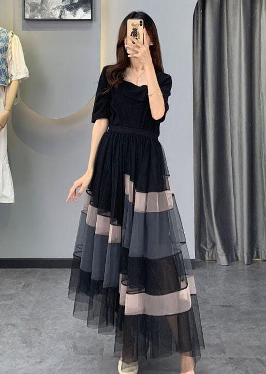 Boutique Black Asymmetrical Tulle Two Pieces Set Half Sleeve