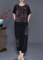 Boutique Black Chinese Button Patchwork Print Silk Two Pieces Set Summer