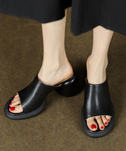 Boutique Black Chunky Cowhide Leather Platform Slide Sandals