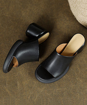 Boutique Black Chunky Cowhide Leather Platform Slide Sandals