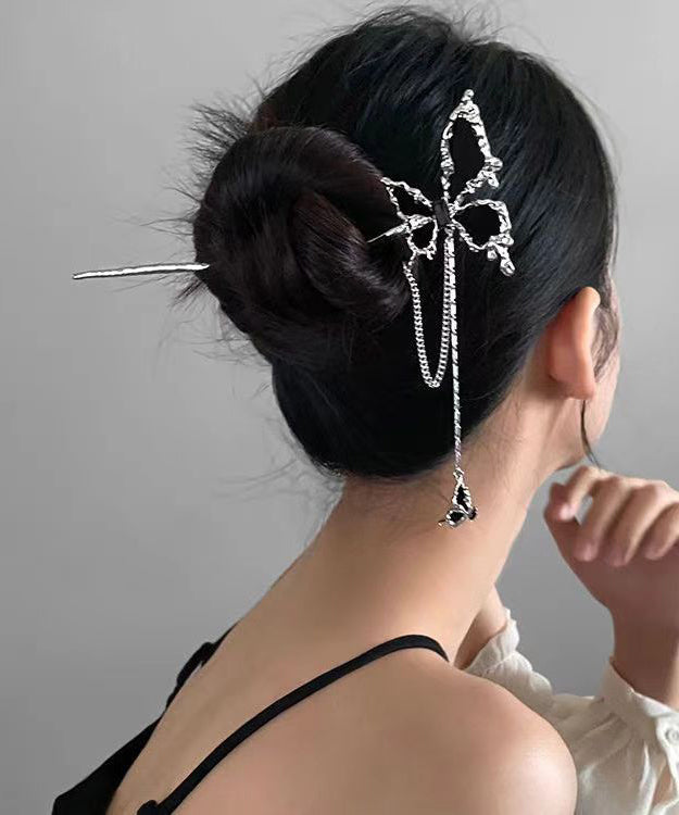 Boutique Black Copper Overgild Butterfly Chain Tassel Hairpin