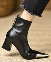 Boutique Black Cowhide Leather Splicing Chunky Boots Pointed Toe