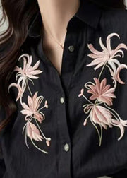 Boutique Black Embroidered Floral Button Shirts Spring