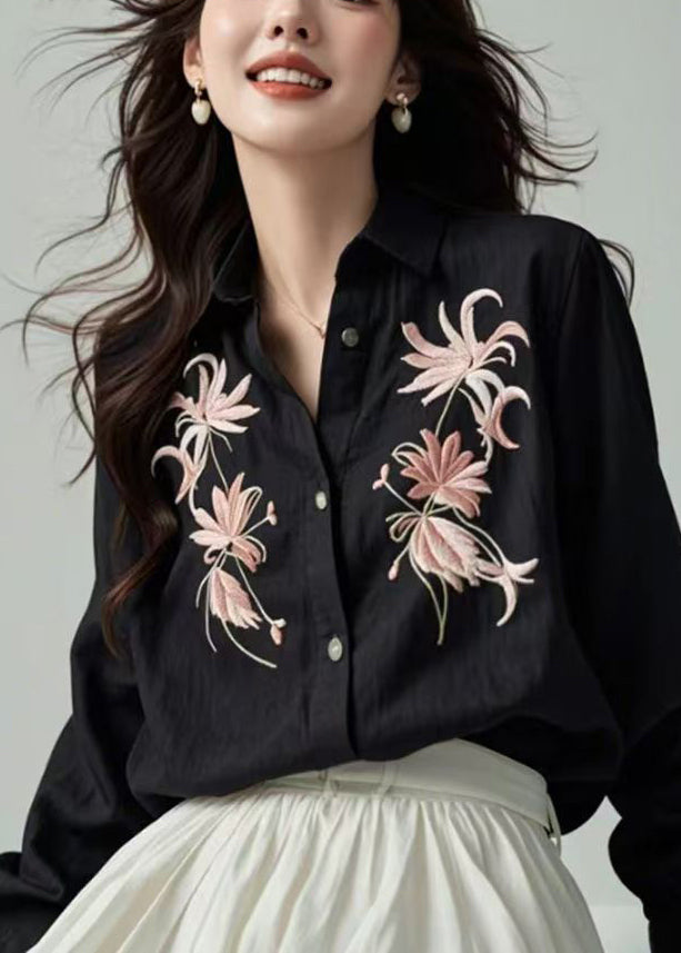 Boutique Black Embroidered Floral Button Shirts Spring