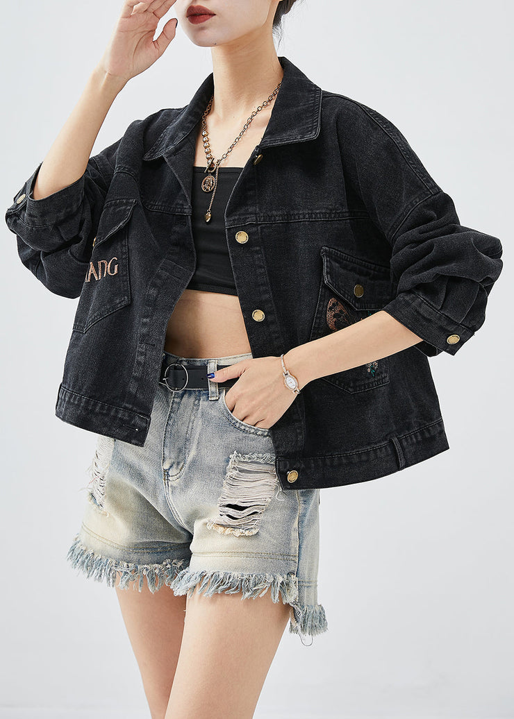 Boutique Black Embroidered Letter Butterfly Denim Jacket Fall