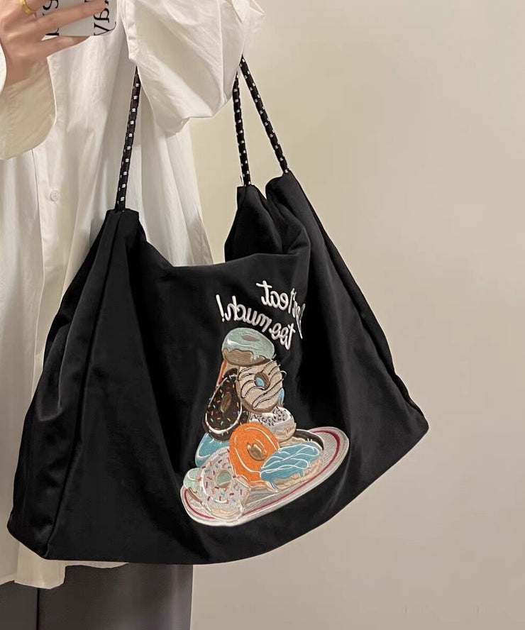 Boutique Black Embroidery Large Capacity Canvas Satchel Bag Handbag