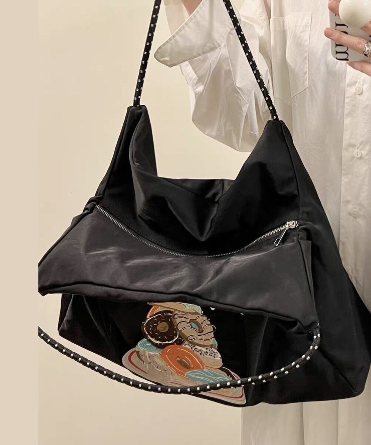 Boutique Black Embroidery Large Capacity Canvas Satchel Bag Handbag