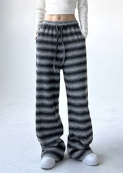 Boutique Black Grey Striped Elastic Waist Pockets Warm Fleece Pants Spring