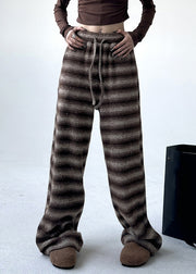 Boutique Black Grey Striped Elastic Waist Pockets Warm Fleece Pants Spring