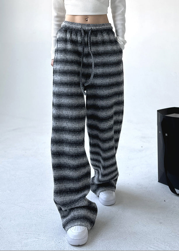 Boutique Black Grey Striped Elastic Waist Pockets Warm Fleece Pants Spring