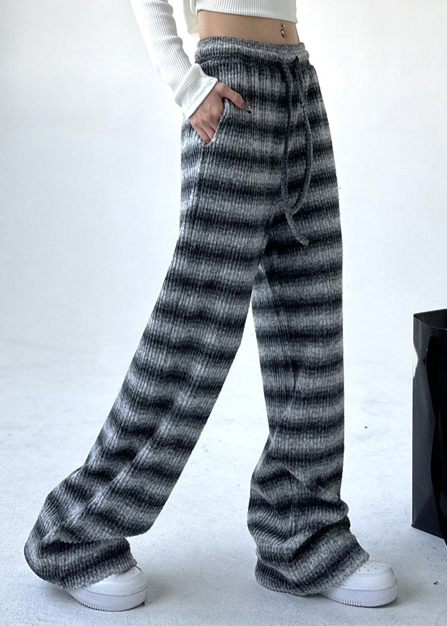 Boutique Black Grey Striped Elastic Waist Pockets Warm Fleece Pants Spring