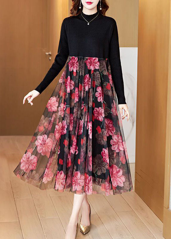 Boutique Black High Neck Patchwork Tulle Print Knit Maxi Dresses Spring