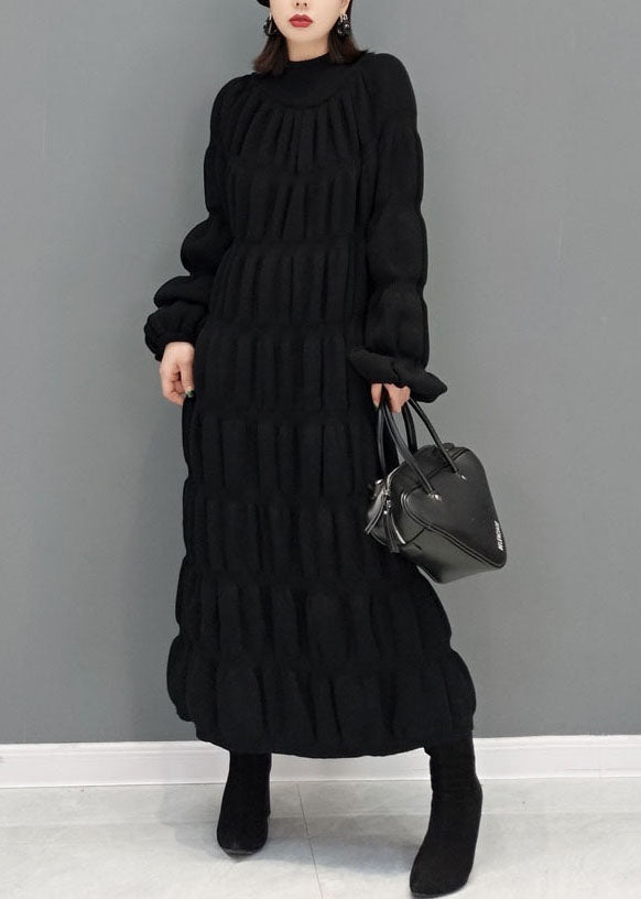 Boutique Black High Neck Thick Pleated Knit Sweater Dress Winter