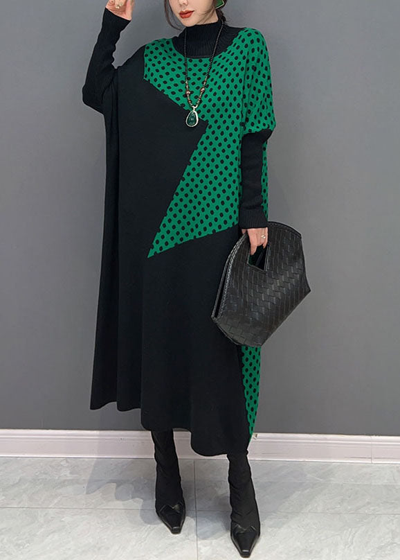 Boutique Black Hign Neck Dot Patchwork Knit Dresses Winter