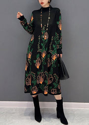 Boutique Black Hign Neck Print Knit Dresses Winter