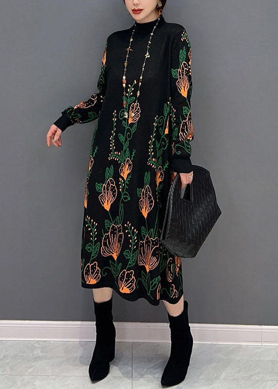 Boutique Black Hign Neck Print Knit Dresses Winter