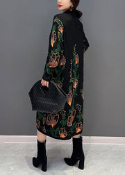 Boutique Black Hign Neck Print Knit Dresses Winter