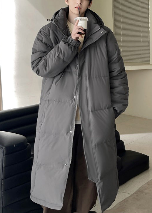 Boutique Black Hooded Button Pockets Duck Down Men Long Coats Winter