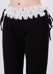 Boutique Black Lace Drawstring Patchwork Cotton Flared Trousers Spring