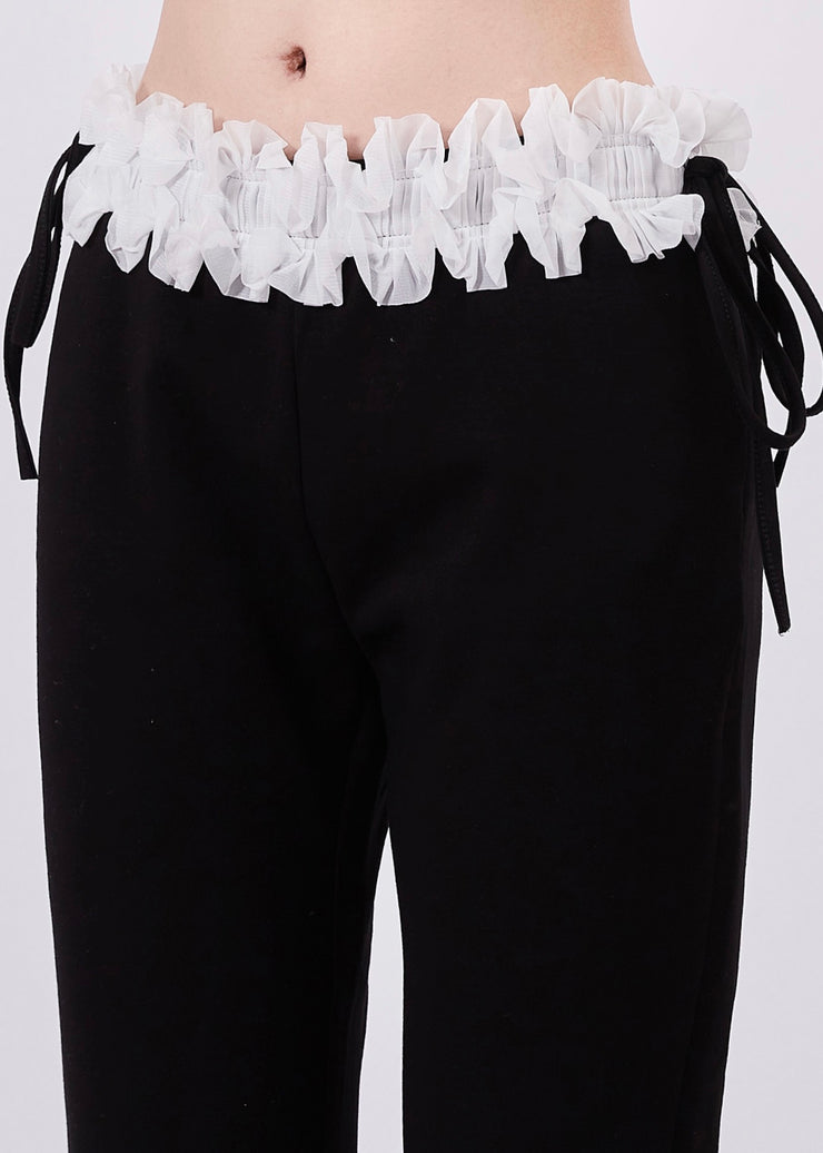 Boutique Black Lace Drawstring Patchwork Cotton Flared Trousers Spring