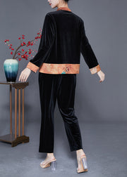 Boutique Black Mandarin Collar Patchwork Oriental Silk Velour Two Pieces Set Fall