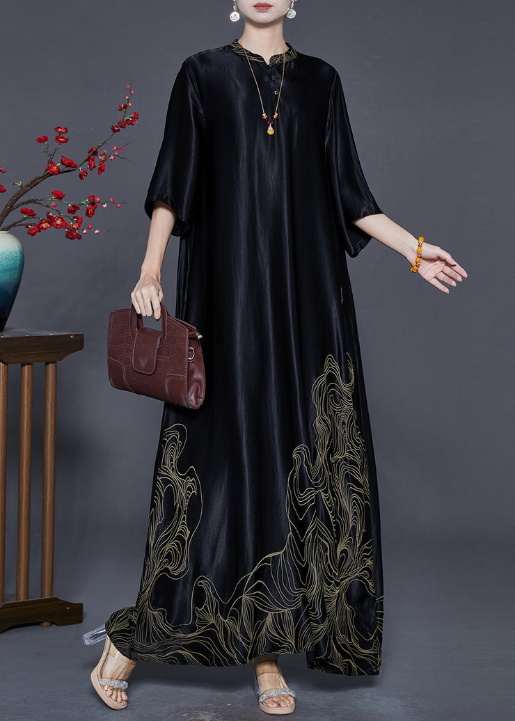 Boutique Black Mandarin Collar Print Silk Long Dresses Half Sleeve