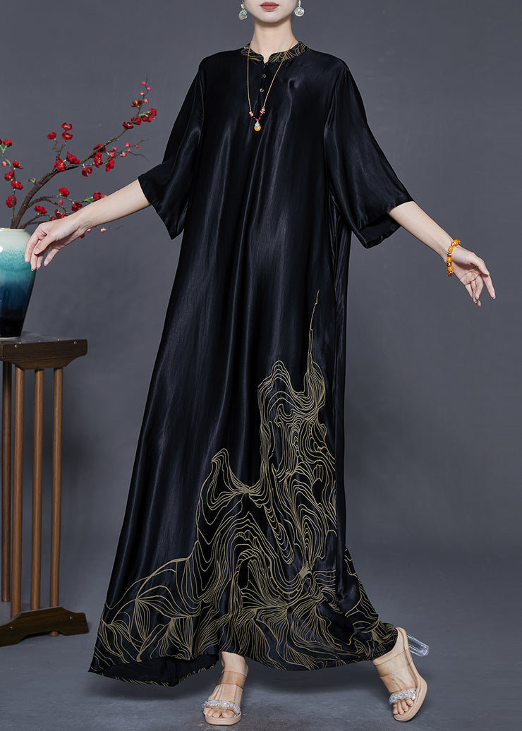 Boutique Black Mandarin Collar Print Silk Long Dresses Half Sleeve