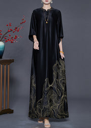 Boutique Black Mandarin Collar Print Silk Long Dresses Half Sleeve