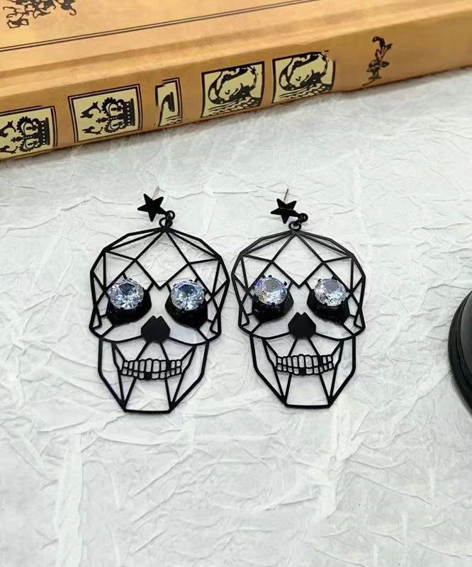 Boutique Black Metal Zircon Human Skeleton Hollowing Out Drop Earrings