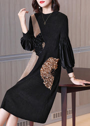 Boutique Black O-Neck Embroideried Floral Patchwork Wrinkled Velour Maxi Dresses Spring