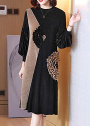 Boutique Black O-Neck Embroideried Floral Patchwork Wrinkled Velour Maxi Dresses Spring