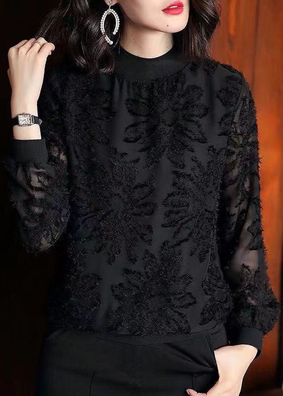 Boutique Black O Neck Jacquard Patchwork Chiffon Blouses Spring