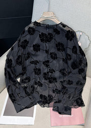 Boutique Black O Neck Jacquard Silk Velour Shirt Top Spring