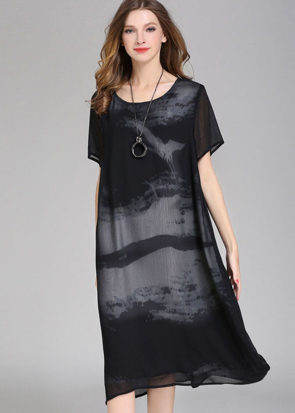 Boutique Black O Neck Print Patchwork Chiffon Dress Summer