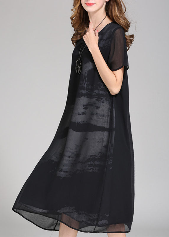 Boutique Black O Neck Print Patchwork Chiffon Dress Summer