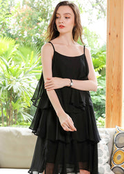 Boutique Black Oversized Layered Design Chiffon Spaghetti Strap Dresses Summer