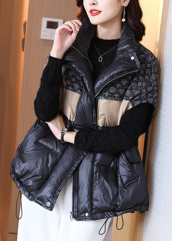 Boutique Black Oversized Patchwork Drawstring Fine Cotton Filled Puffer Vest Winter