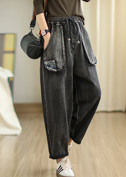 Boutique Black Oversized Patchwork Pockets Denim Pants Spring