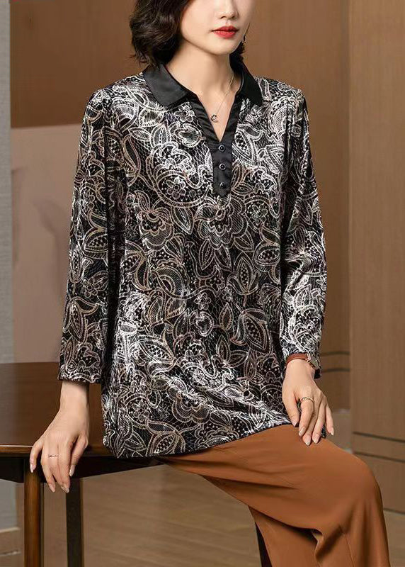 Boutique Black Peter Pan Collar Print Patchwork Silk Velour Shirt Fall