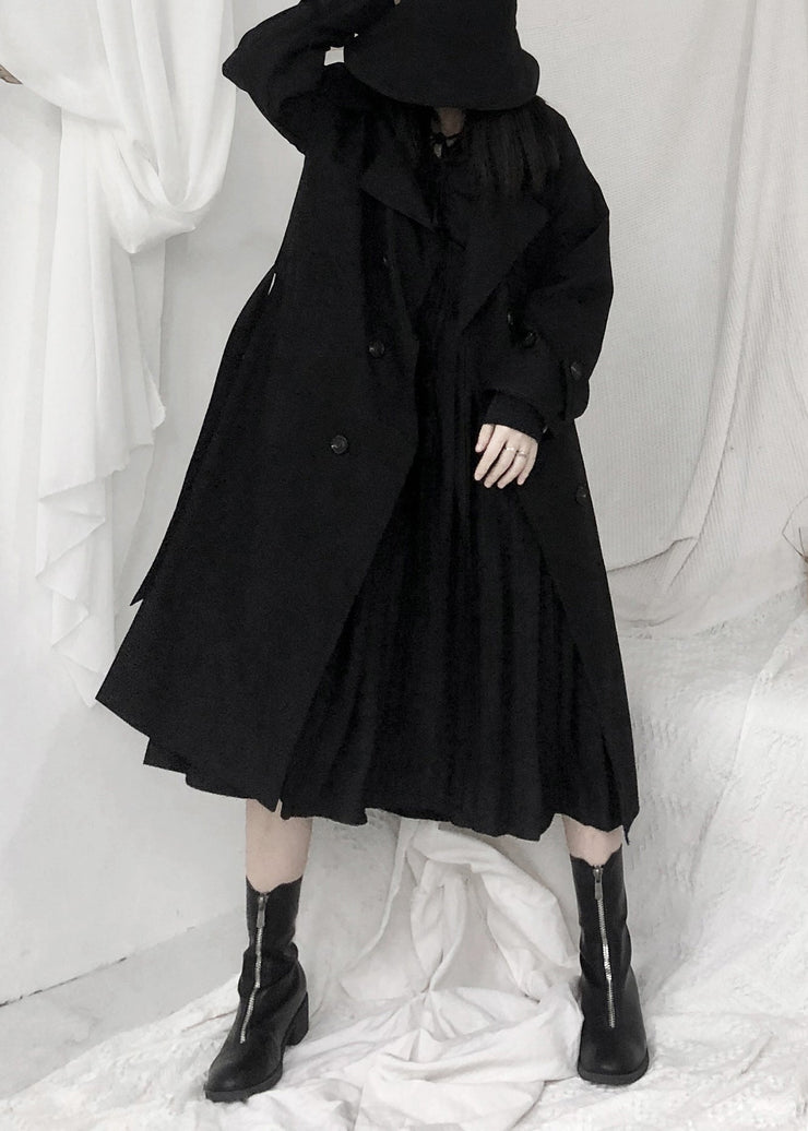 Boutique Black Peter Pan Collar Sashes Button Long Trench Coats Long Sleeve