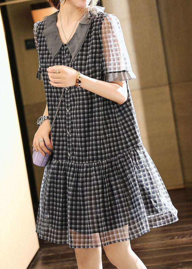 Boutique Black Plaid Ruffled Patchwork Tulle Mid Dresses Summer