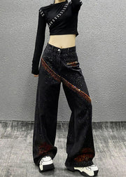 Boutique Black Pockets Nail Bead Denim Wide Leg Pants Fall