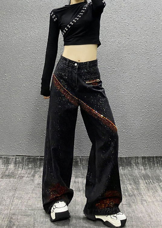 Boutique Black Pockets Nail Bead Denim Wide Leg Pants Spring