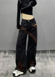 Boutique Black Pockets Nail Bead Denim Wide Leg Pants Spring