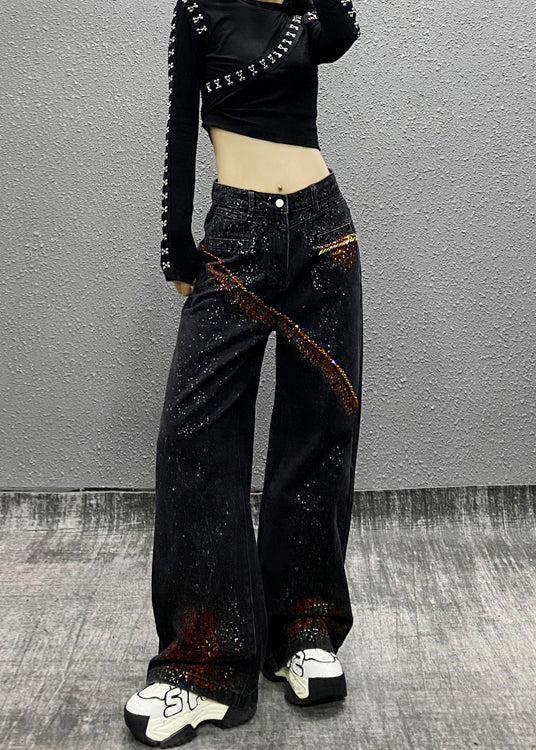 Boutique Black Pockets Nail Bead Denim Wide Leg Pants Fall