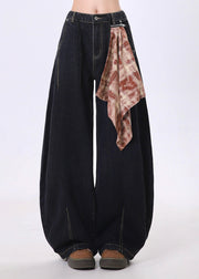 Boutique Black Pockets Scarf Patchwork Denim Wide Leg Pants Spring