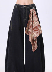 Boutique Black Pockets Scarf Patchwork Denim Wide Leg Pants Spring