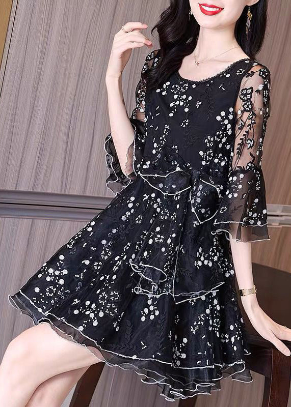 Boutique Black Ruffled Embroideried Patchwork Tulle Dresses Fall